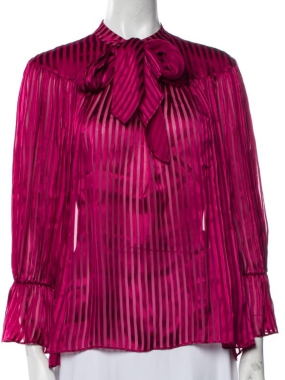 Alice + Olivia Fuchsia Sheer Pleated Tie-Neck Blouse